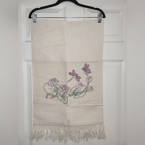 Hand Embroidered Table RunnerFringe at both ends Tulips Leaves and Dragon Flys